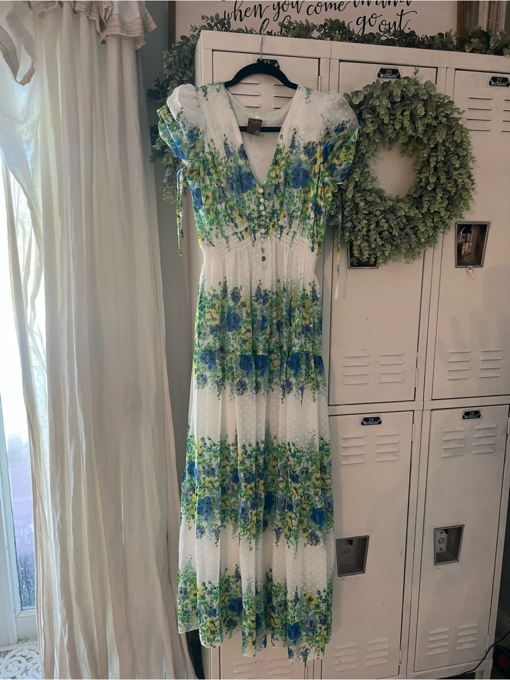 NWOT - Floral V-Neck White Maxi Dress with Blue & Green Print